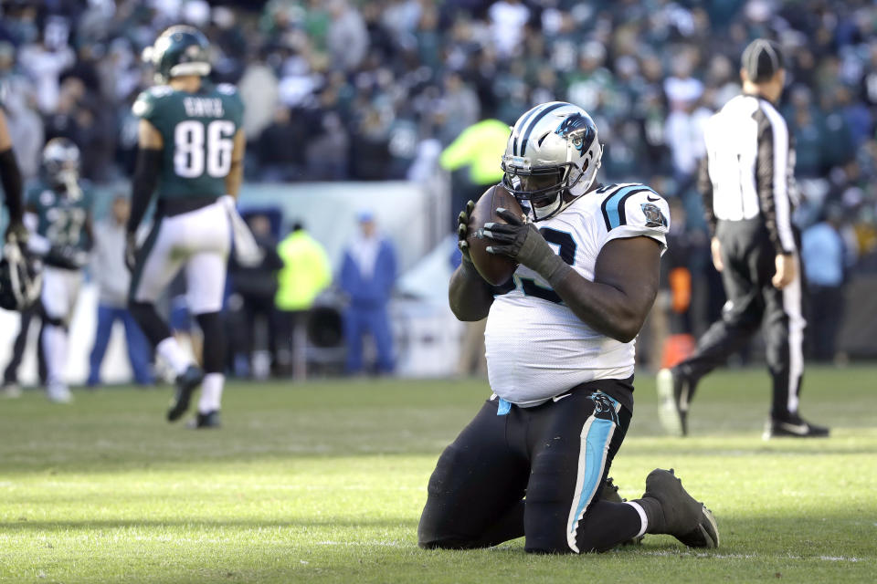 <p>Carolina Panthers defensive tackle Kyle Love celebrates after the Philadelphia Eagles turned the ball over on downs late in the second half of an NFL football game, Sunday, Oct. 21, 2018, in Philadelphia. (AP Photo/Matt Rourke) </p>