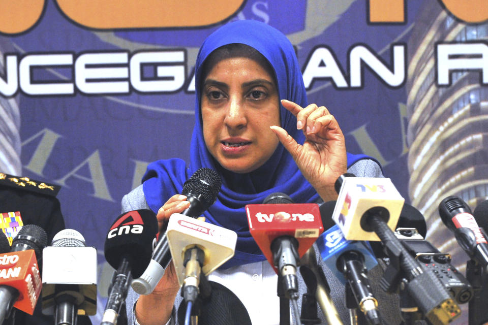 Latheefa Koya, chief of the Malaysian Anti-Corruption Commission, speaks during a press conference in Putrajaya, Malaysia, Wednesday, Jan. 8, 2020. Anti-Corruption Commission released a series of audio recordings allegedly showing how former Prime Minister Najib Razak abused his power to conceal wrongdoings linked to a massive corruption scandal involving the 1MDB state investment fund. (AP Photo)