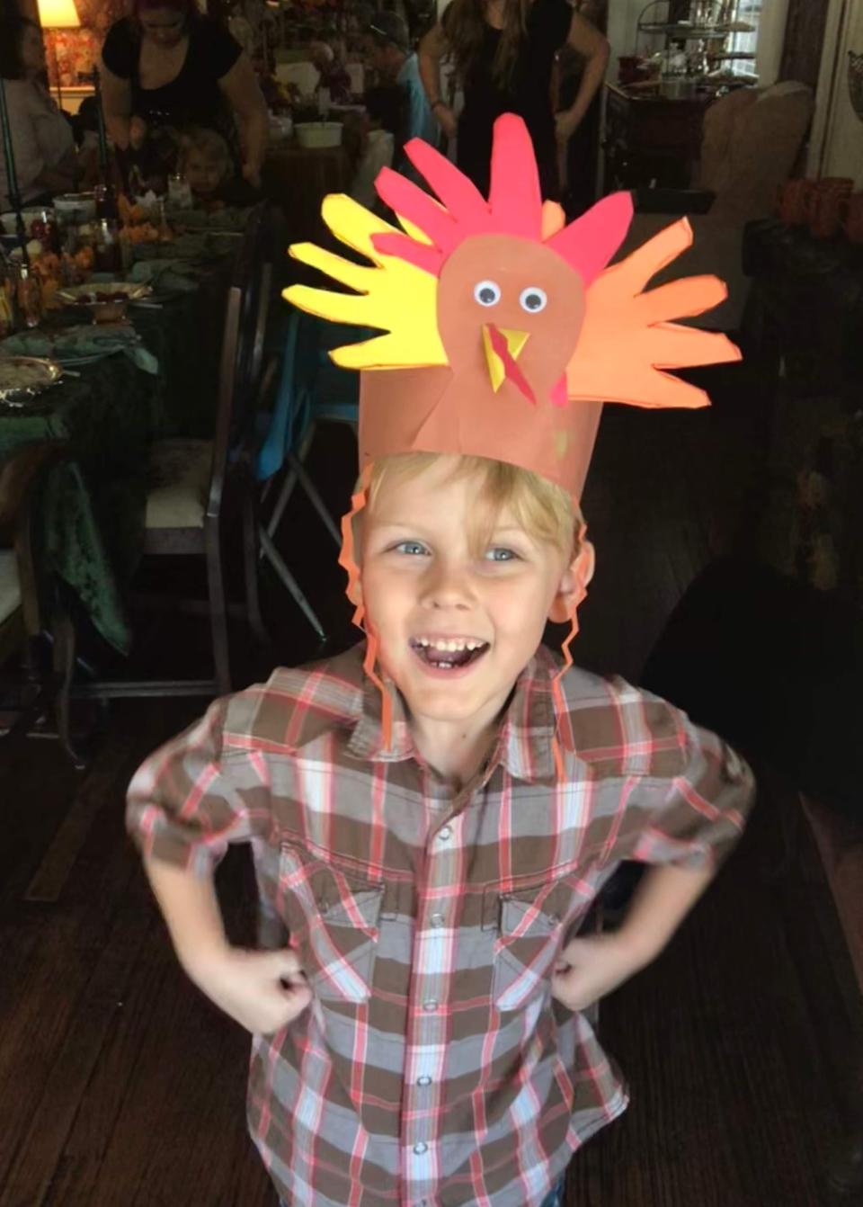 In an undated Thanksgiving photo, Wilder Locke is pictured as a turkey, wearing a hat crafted during a holiday project led by his grandmother, Joan Crutcher of West Melbourne. Wilder's now 9, and the annual crafts project will be part of a family celebration in Winter Garden on Thanksgiving 2022.