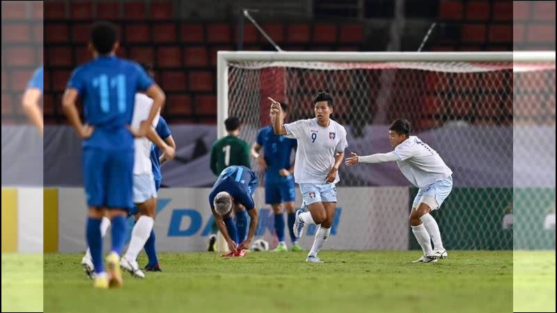 陳瑞杰下半場第72分鐘破網，幫助台灣拿下睽違超過3年的國際賽勝利。（圖／足協提供）