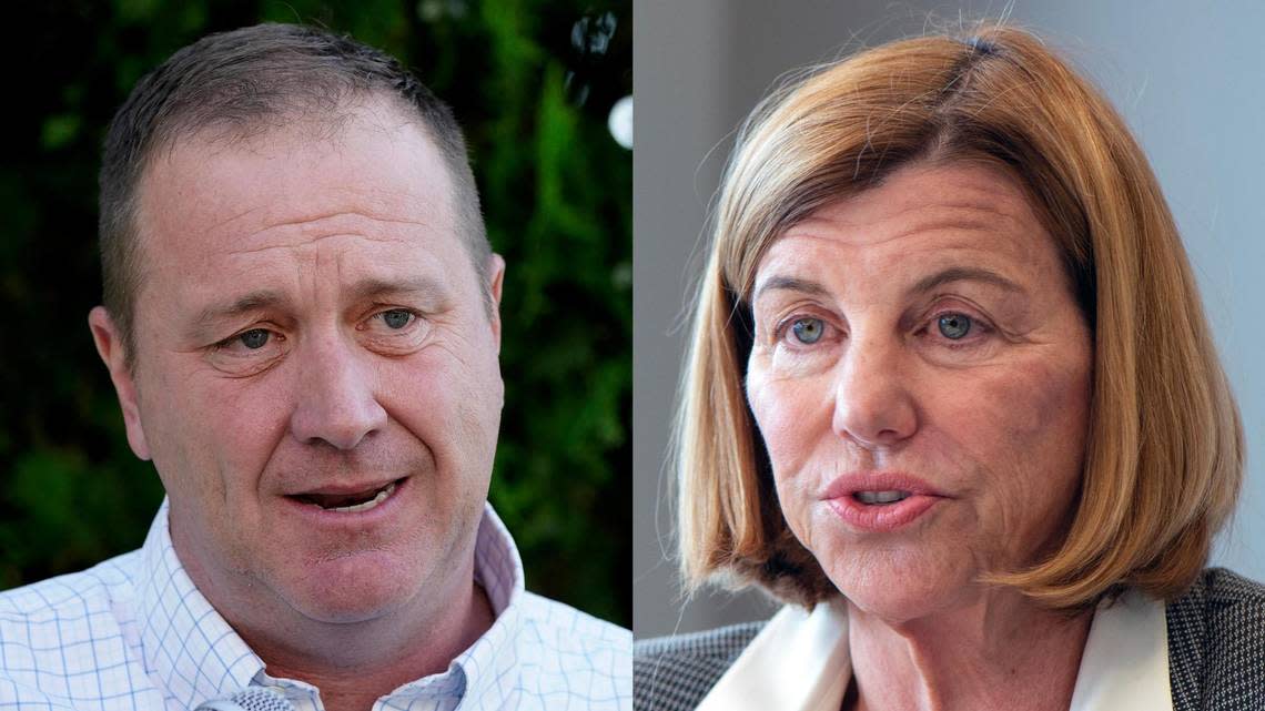 Missouri Attorney General Eric Schmitt, left, a Republican, and Trudy Busch Valentine, a Democrat, are the frontrunners in the race for the U.S. Senate seat Sen. Roy Blunt will vacate when he retires in January 2023. File/AP, Kansas City Star