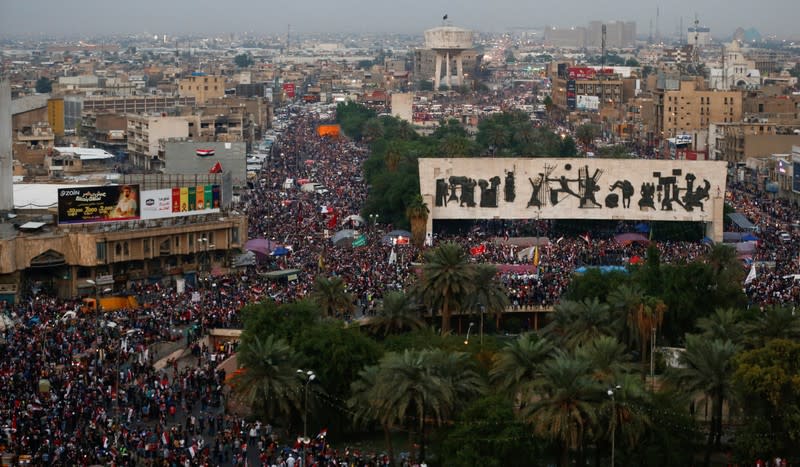 A general view of Tahrir square as demonstrators take part in a protest over corruption, lack of jobs, and poor services, in Baghdad