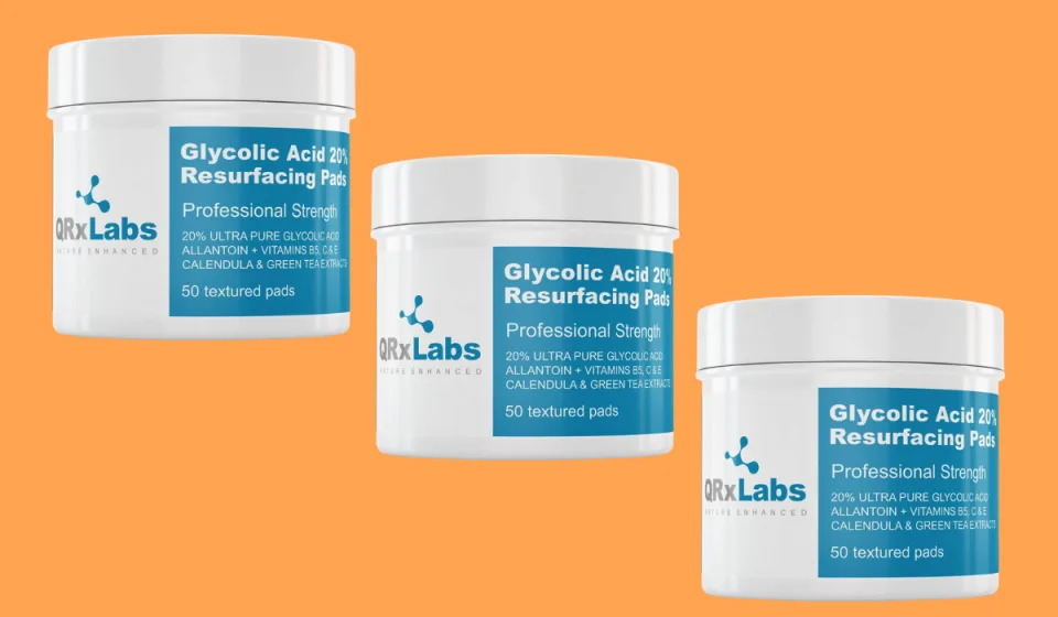 Three jars containing QRXLabs Glycolic Acid Resurfacing Pads