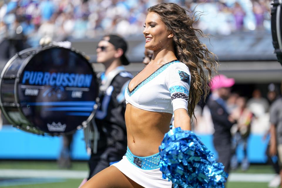 Oct 1, 2023; Charlotte, North Carolina, USA; Carolina Panthers Topcats cheerleader during the first quarter between the Carolina Panthers and the Minnesota Vikings at Bank of America Stadium. Mandatory Credit: Jim Dedmon-USA TODAY Sports