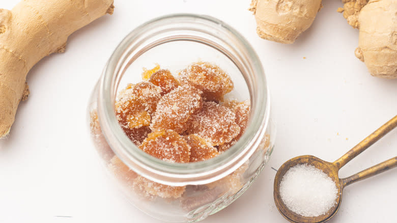 candied ginger pieces in jar