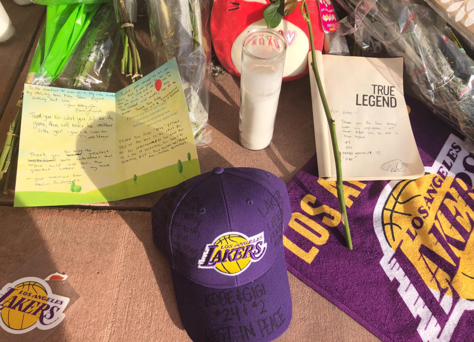 A memorial to Kobe Bryant, his daughter and seven others at the Mamba Sports Academy in Thousand Oaks, Calif., is seen Monday morning, Jan. 27, 2020. AP Photo/Stefanie Dazio)