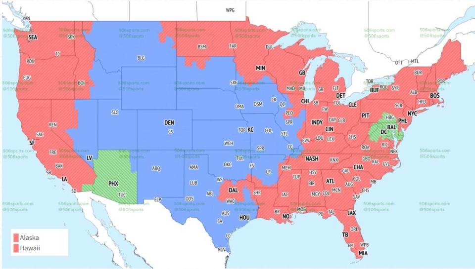 The Chiefs-Broncos game will be seen in the blue area, while 49ers-Bengals is in red and Cardinals-Ravens is in green.