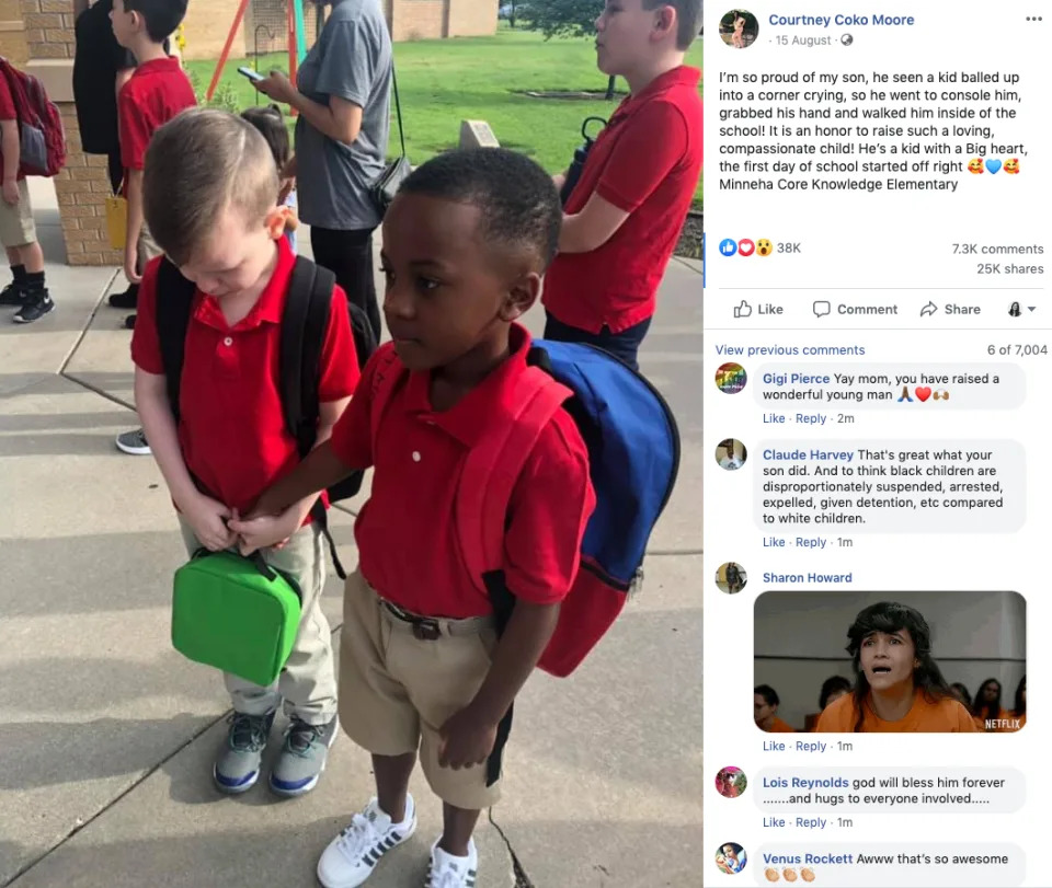 Christian holds autistic Connor's hand on first day of school
