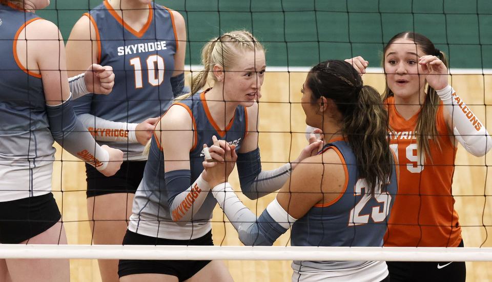 Skyridge celebrates after scoring a point against Mountain Ridge during 6A volleyball state tournament quarterfinals at Utah Valley University in Orem on Thursday, Nov. 2, 2023. | Laura Seitz, Deseret News