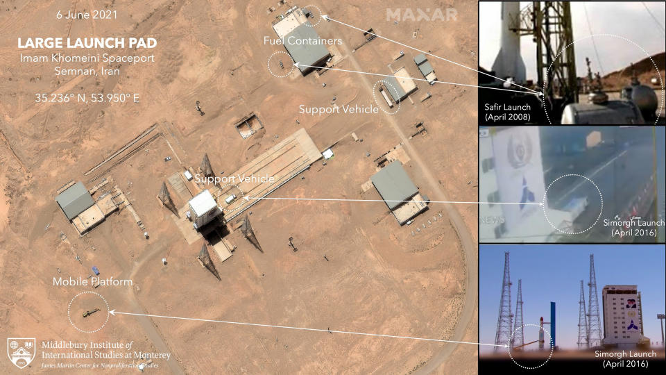 This satellite image provided by Maxar Technologies that has been annotated by experts at the James Martin Center for Nonproliferation Studies at Middlebury Institute of International Studies shows preparation at the Imam Khomeini Spaceport in Iran's Semnan province on June 6, 2021 before what experts believe was the launch of a satellite-carrying rocket. Iran likely conducted a failed launch of a satellite-carrying rocket in recent days and now appears to be preparing to try again, their latest effort to advance their space program amid tensions with the West over its tattered nuclear deal. (©2021 Maxar Technologies, James Martin Center for Nonproliferation Studies at Middlebury Institute of International Studies via AP)