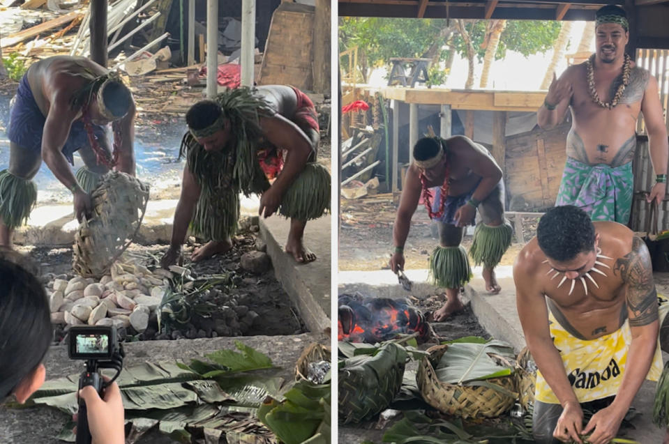 People cooking in an open-air, aboveground oven