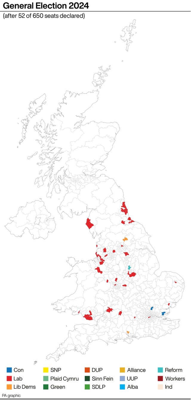 General Election 2024 seats map after 52 of 650 seats declared