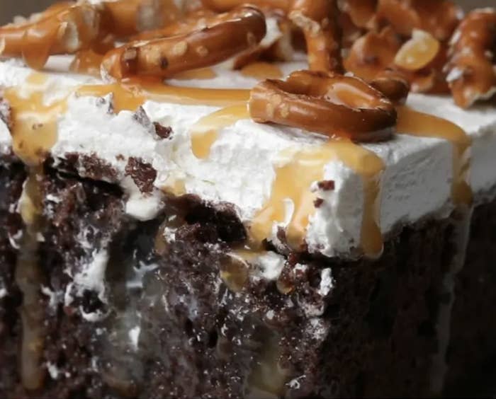 Don't bother me! I'm eating this chocolate pretzel poke cake for the rest of my life.Recipe: Chocolate Pretzel Poke Cake