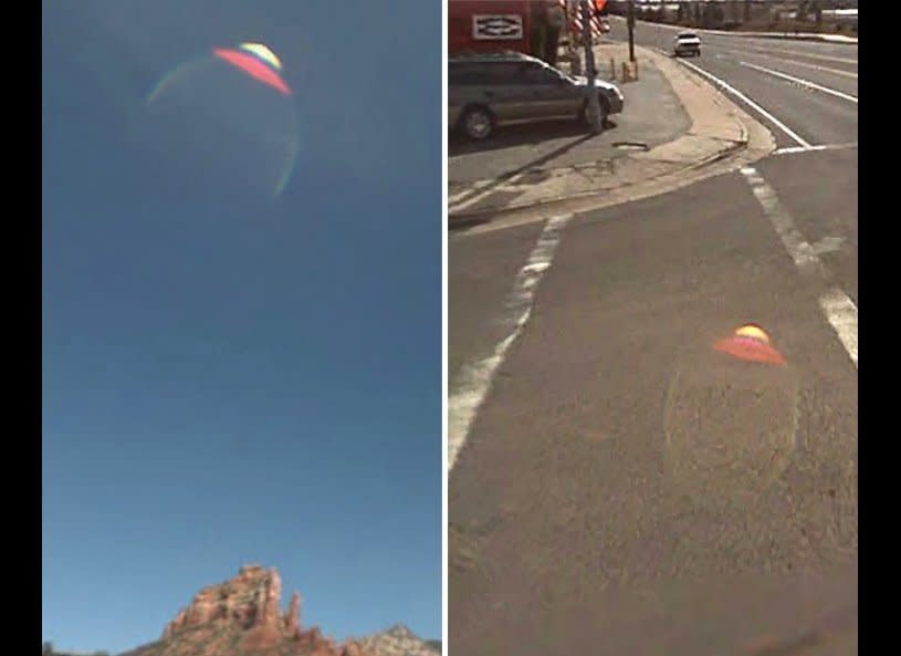 These two flying saucer-shaped, pink-colored lens flares were created by the Google Maps camera as it drove through locations in Sedona, Ariz. (left) and Flagstaff, Ariz. (right). The images were snapped in April 2009. Submitted to HuffPost by trenna.