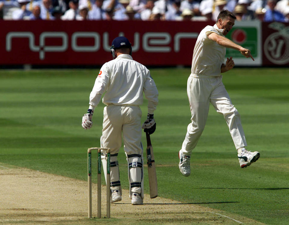 Glenn McGrath celebrates the wicket of Craig White in 2001