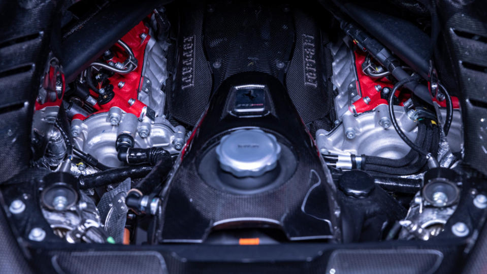 The 4.0-liter twin-turbo V-8 inside a new Ferrari SF90 XX Stradale.