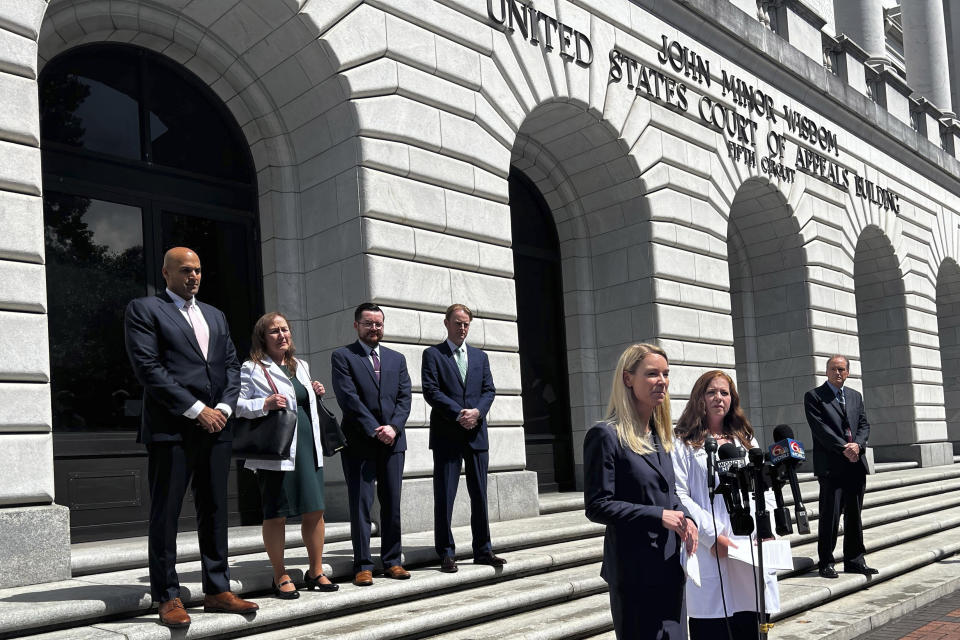 Erin Hawley, lead attorney for Alliance Defending Freedom, takes questions from the media following a 5th Circuit Court of Appeals hearing in New Orleans, Wednesday, May 17, 2023 . Three 5th U.S. Circuit Court of Appeals judges heard two hours of arguments in the case Wednesday afternoon. At issue are the Food and Drug Administration's initial approval of mifepristone in 2000, and FDA actions making the drug more accessible in later years. The judges won't rule immediately. (AP Photo/Stephen Smith)