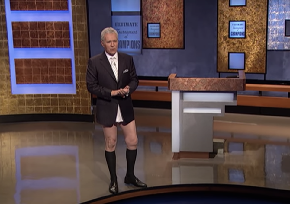 Alex Trebek left his trousers backstage in 2005 for laughs. (Photo: YouTube)