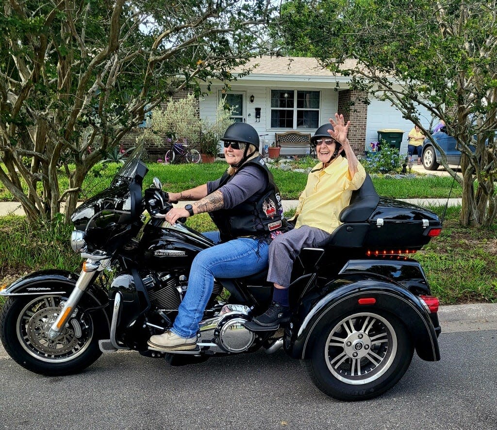 On her 100th birthday, Mary Litwhiler (right) went for a motorcycle ride with neighbor Peggy Bourne.