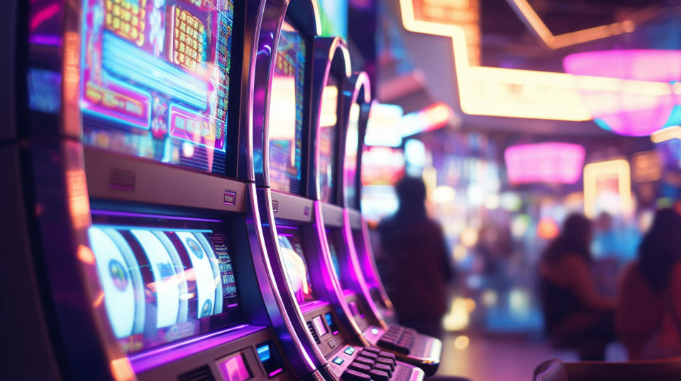 A close up of a slot machine surrounded by anonymous people gambling.