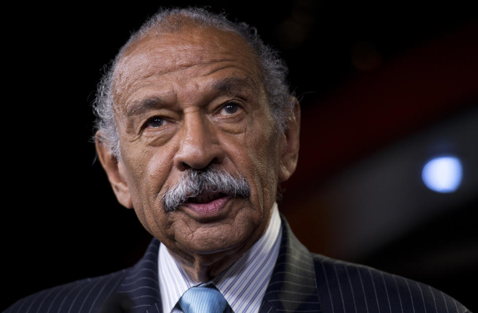 Rep. John Conyers, D-Mich., speaks during a Congressional Progressive Caucus news conference in the Capitol Visitor Center to introduce the Deal for All resolution.