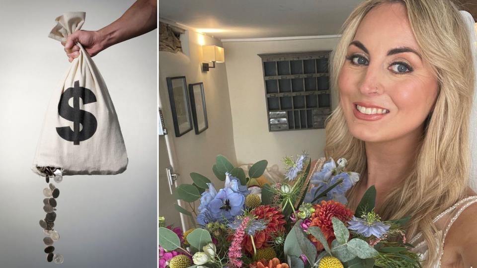 Compilation image of a bag with money falling out and bride Amy on her wedding day.