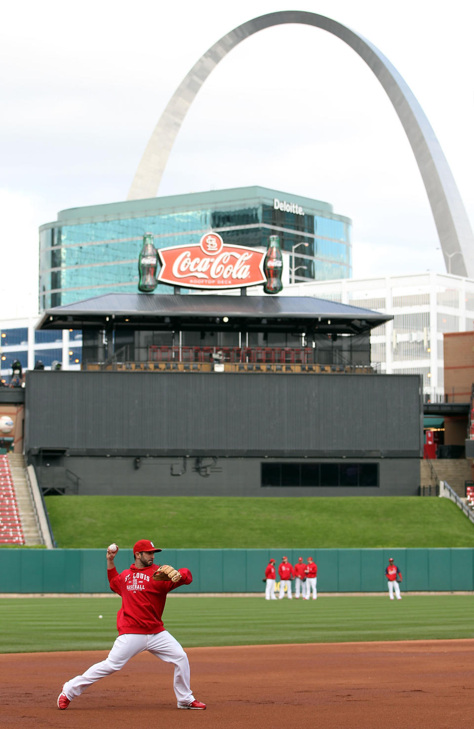 ST LOUIS, MO - OCTOBER 20: The St. Louis Cardinals practice on the field prior to Game Two of the MLB World Series against the Texas Rangers at Busch Stadium on October 20, 2011 in St Louis, Missouri. (Photo by Jamie Squire/Getty Images)