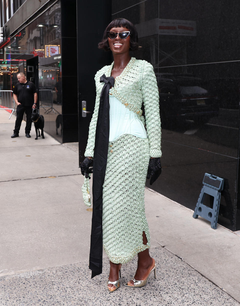 Jodie Turner-Smith, "Good Morning America," metallic, mules, mint green, gold, Wiederhoeft, bows