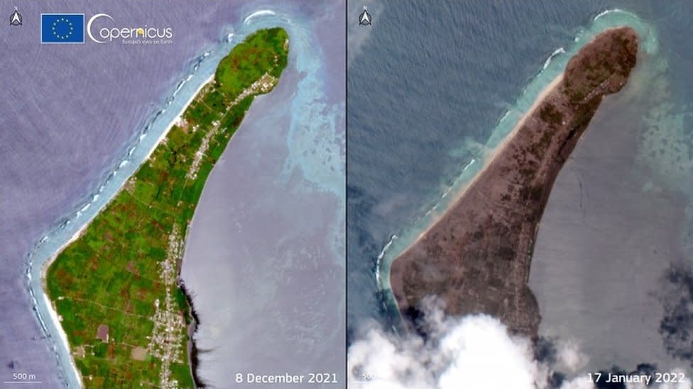 Imagen de un antes y después en una isla en Tonga tras la erupción.