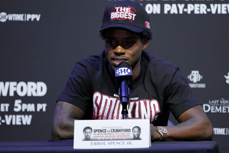 Errol Spence Jr. speaks during a news conference Thursday, July 27, 2023, in Las Vegas. Spence Jr. is scheduled to fight Terence Crawford in an undisputed welterweight championship boxing match Saturday in Las Vegas. (AP Photo/John Locher)