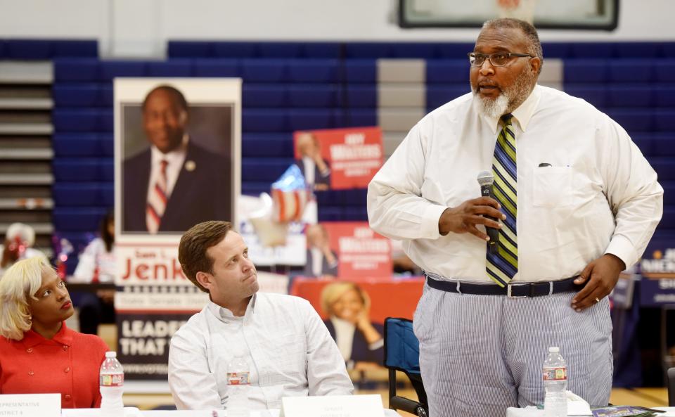 Cedric Glover, right, during the Shreveport Alumnae Chapter Delta Sigma Theta Sorority’s ‘Meet the Candidates’ event for Caddo, Bossier and DeSoto parishes, Monday evening, Aug. 29, 2023 at Huntington High School.