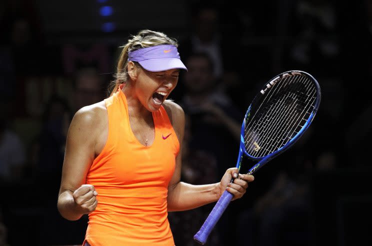 Maria Sharapova celebrates her first victory after serving a 15-month suspension. (Getty)