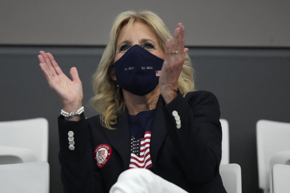 FILE - First Lady of the United States Jill Biden watches the swimming competition at the 2020 Summer Olympics, July 24, 2021, in Tokyo. (AP Photo/Matthias Schrader, File)