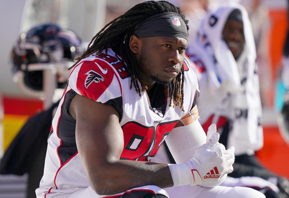 SANTA CLARA, CALIFORNIA - DECEMBER 15: Takkarist McKinley #98 of the Atlanta Falcons looks on from the sidelines against the San Francisco 49ers during the first half of an NFL football game at Levi's Stadium on December 15, 2019 in Santa Clara, California. (Photo by Thearon W. Henderson/Getty Images)