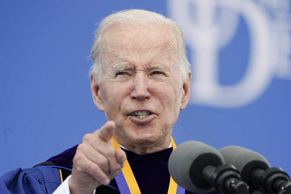 President Joe Biden delivers his keynote address to the University of Delaware Class of 2022 during its commencement ceremony in Newark, Del., Saturday, May 28, 2022. (AP Photo/Manuel Balce Ceneta)