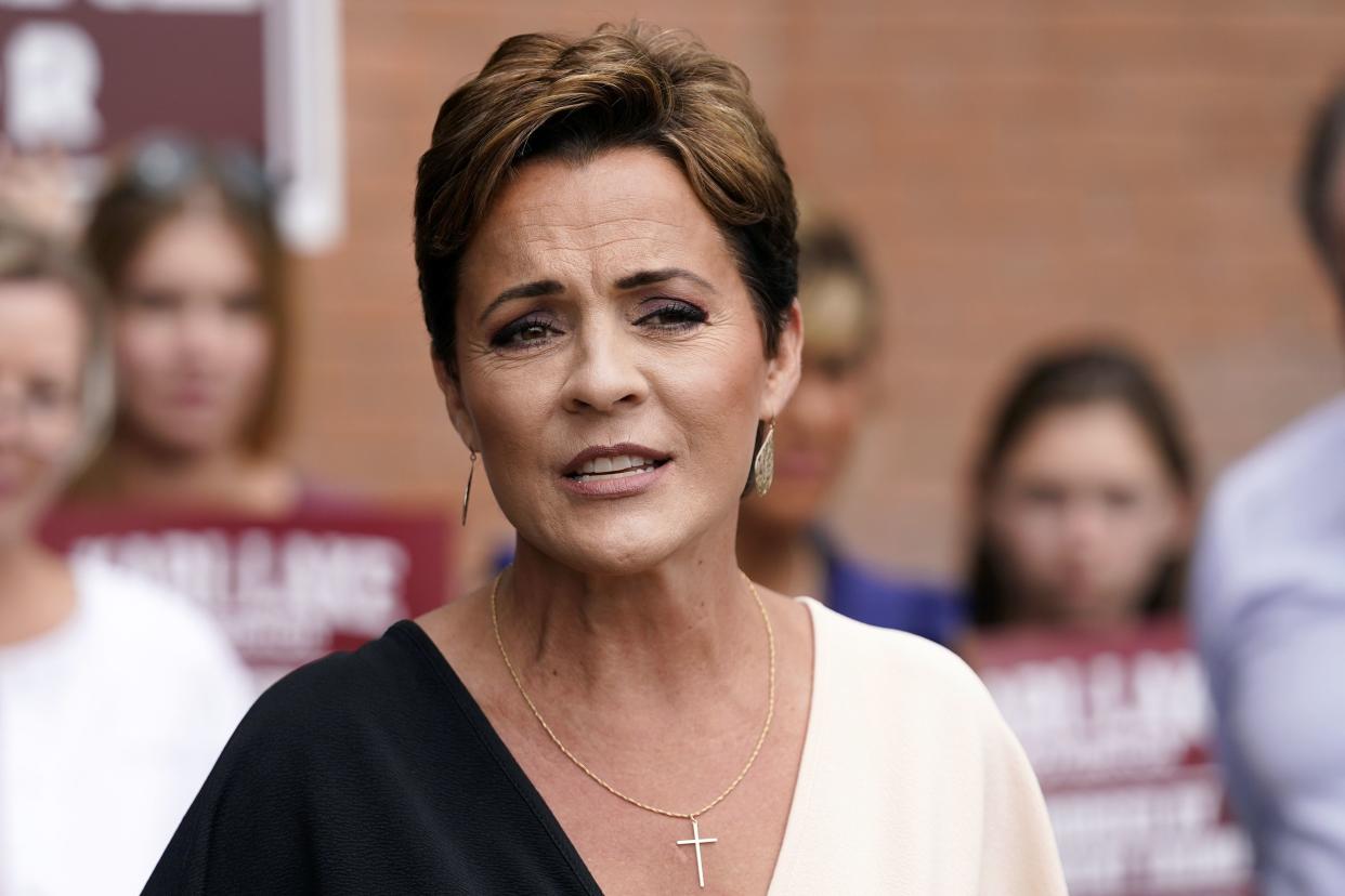 Kari Lake, Republican candidate for Arizona governor, speaks during a news conference Wednesday, Aug. 3, 2022, in Phoenix.