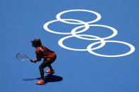 Naomi Osaka, of Japan, practices ahead of the 2020 Summer Olympics at Ariake Tennis Center, Monday, July 19, 2021, in Tokyo. (AP Photo/Kiichiro Sato)