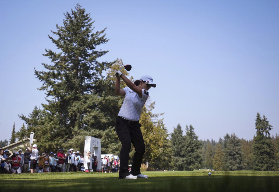 Sei Young Kim, of South Korea, hits her tee shot on the first hole during the third round of the CPKC Women’s Open golf tournament Saturday, Aug. 26, 2023, in Vancouver, British Columbia. (Darryl Dyck/The Canadian Press via AP)