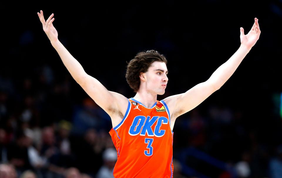 Oklahoma City's Josh Giddey (3) reacts after hitting a 3-point basket in the fourth quarter during the NBA basketball game between the Oklahoma City Thunder and the Dallas Mavericks at the Paycom Center in Oklahoma City, Sunday, Jan.8, 2023. 