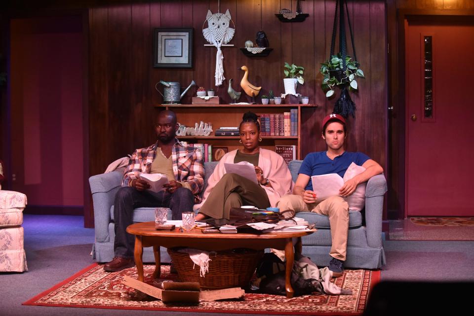 From left: Isaiah Johnson as writer John D’Agata, Ashanti Brown as editor Emily Penrose, and Chris Naughton as fact-checker Jim Fingal in Savannah Rep's "The Lifespan of a Fact."