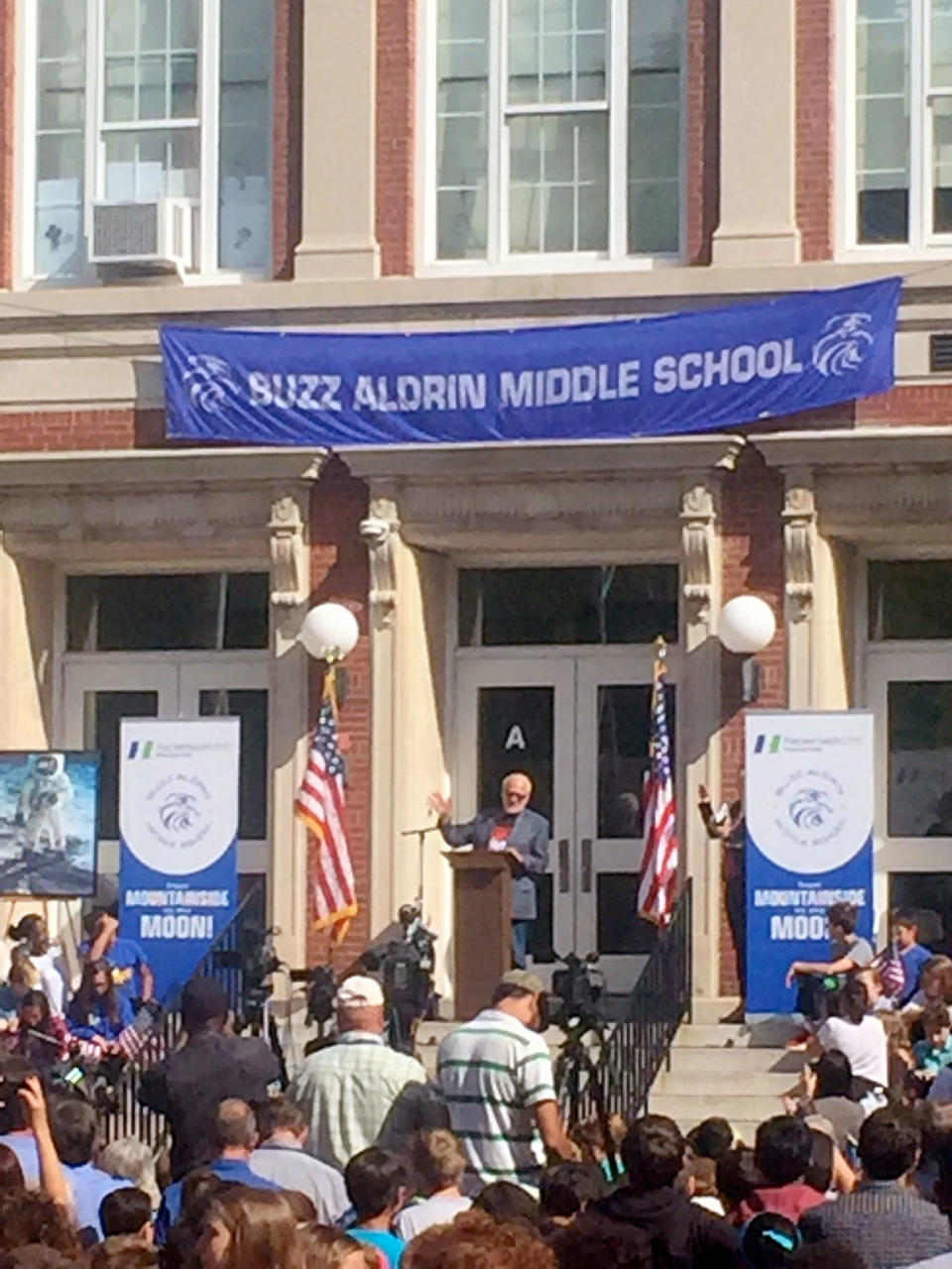 Apollo 11 moonwalker Buzz Aldrin speaks at the renaming ceremony for Buzz Aldrin Middle School in Montclair, New Jersey, on Sept. 16, 2016.