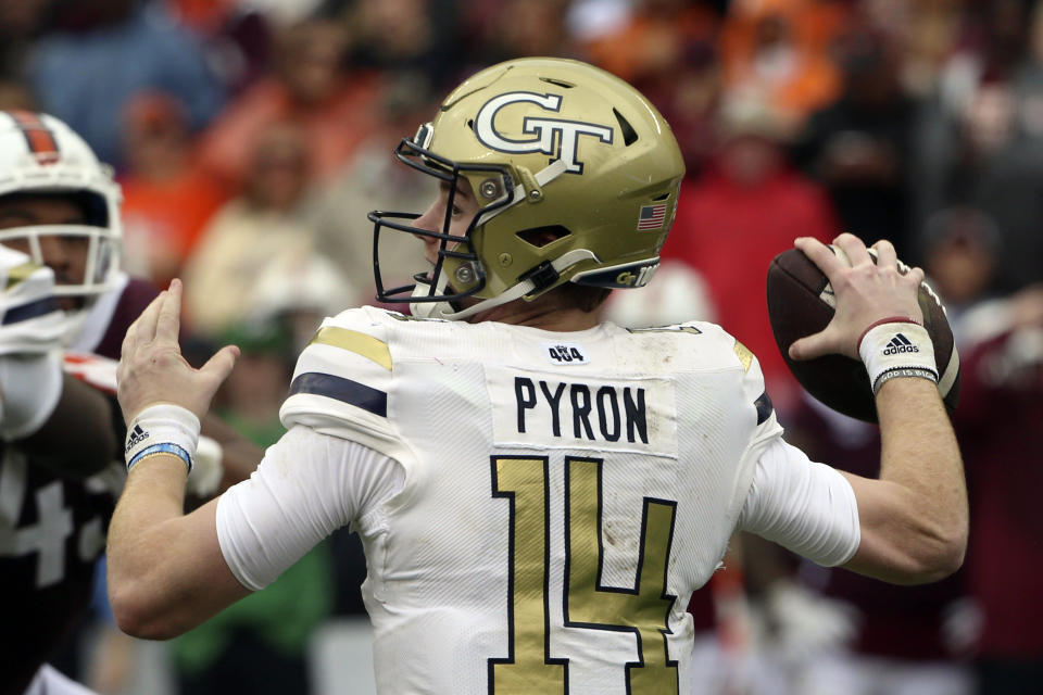 FILE - Georgia Tech quarterback Zach Pyron (14) throws in the first half during an NCAA college football game against Virginia Tech, Saturday, Nov. 5 2022, in Blacksburg, Va. Georgia Tech opens their season at home against Louisville on Sept. 1. (Matt Gentry/The Roanoke Times via AP)