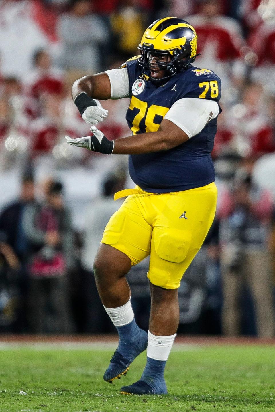 Michigan defensive lineman Kenneth Grant (78) celebrates a play against Alabama during the second half of the Rose Bowl in Pasadena, Calif., on Monday, Jan. 1, 2024.