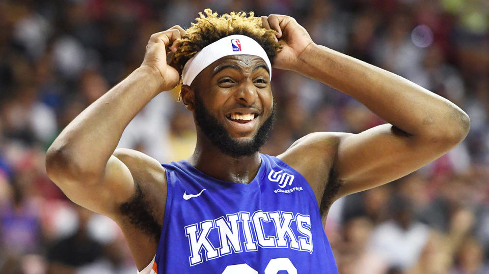 Mitchell Robinson reacting in the NBA Summer League for the New York Knicks.