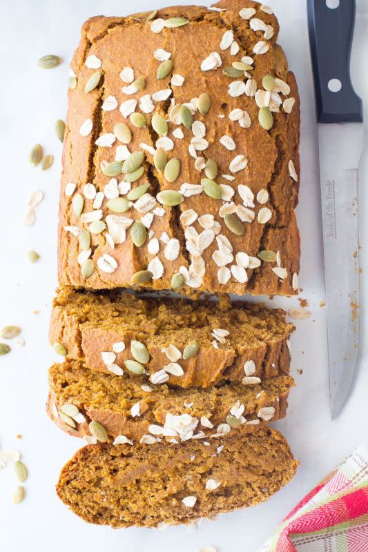 <p>Hungry Hobby</p><p>This oat flour pumpkin bread is a deliciously hearty and healthy quick bread filled with pumpkin spice flavors like nutmeg, cinnamon and allspice in every bite. No refined flour, sugar or oil! </p><p><strong>Get the recipe: <em><a href="https://hungryhobby.net/pumpkin-oat-flour-bread/" rel="nofollow noopener" target="_blank" data-ylk="slk:Oat Flour Pumpkin Bread;elm:context_link;itc:0;sec:content-canvas" class="link rapid-noclick-resp">Oat Flour Pumpkin Bread</a></em></strong></p>