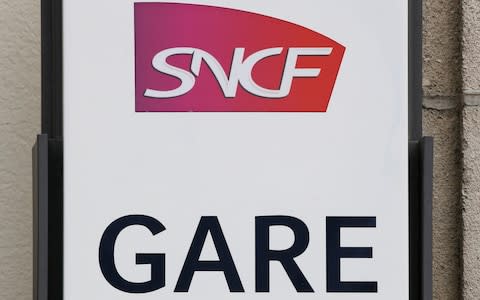 The logo of French state-owned railway company SNCF is pictured at Bordeaux railway station