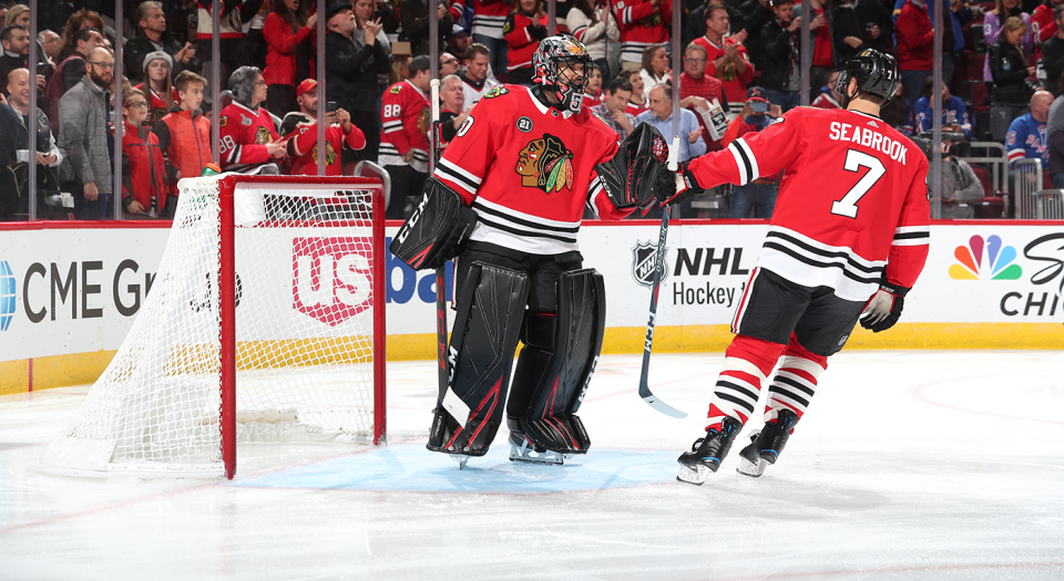 Corey Crawford has picked up where he left off last season. (Photo by Chase Agnello-Dean/NHLI via Getty Images)