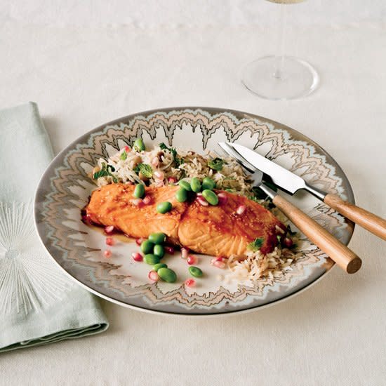 Pomegranate-Glazed Salmon with Oranges, Olives, and Herbs