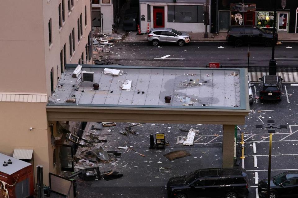 The rear of the Sandman Signature Hotel in downtown Fort Worth where a powerful explosion Monday afternoon injured at least 21 people. This view is the west side of the Waggoner Building, where there’s a surface parking lot.