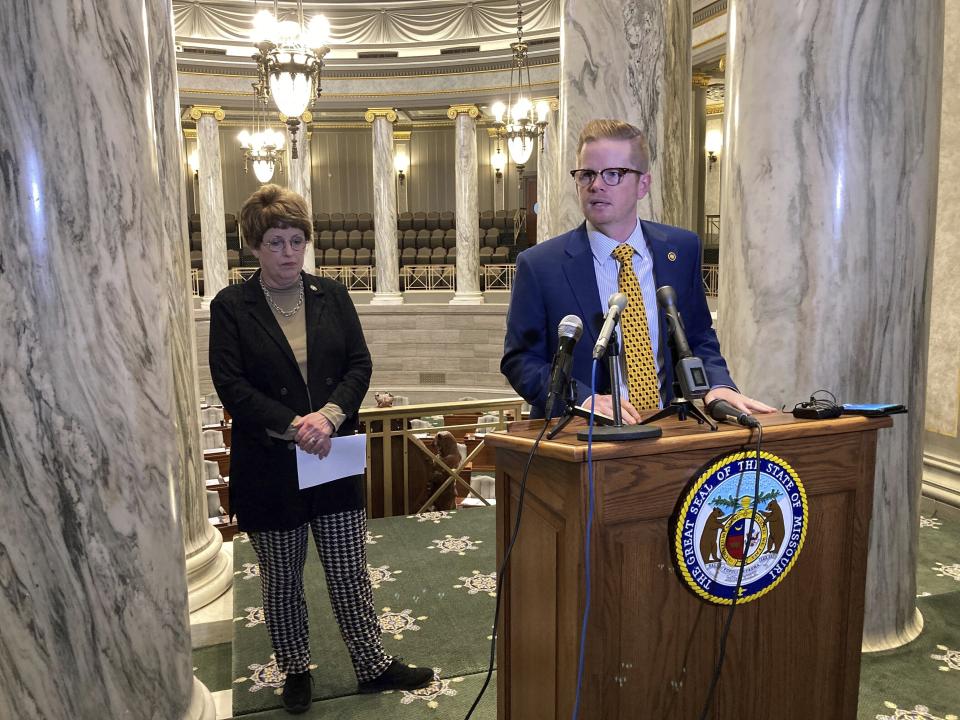 Missouri Senate President pro tempore Caleb Rowden speaks to reporters on Jan. 19, 2023, at the Capitol in Jefferson City, Mo. Rowden, a Republican, said he doesn't think there's any chance the Senate will pass legislation creating a red-flag law, which would allow authorities to temporarily remove guns from people posing a risk. Democrats have proposed the bill in response to an October school shooting in St. Louis. (AP Photo/David A. Lieb)